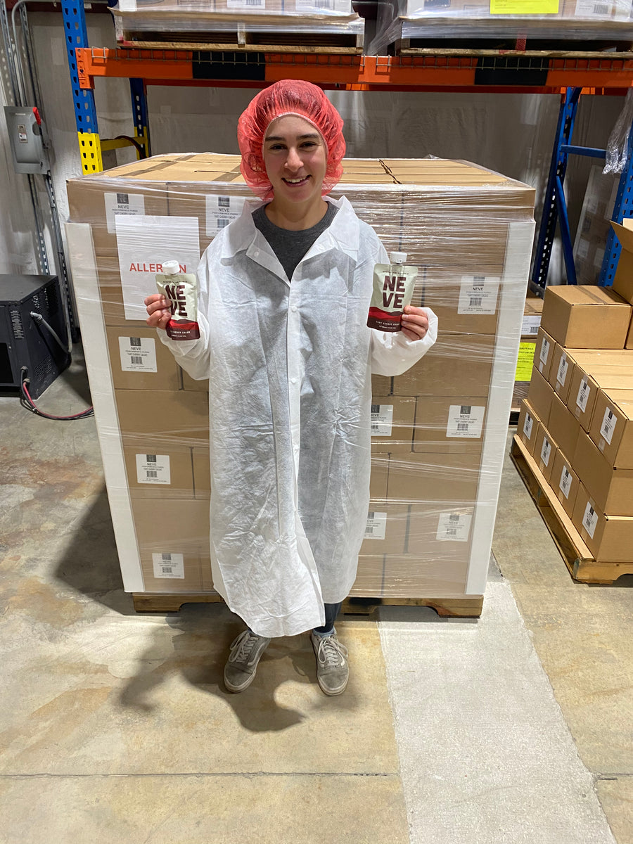 Nora with her first pallet of pouches
