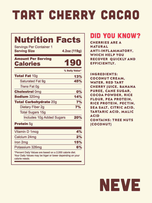 Tart Cherry Cocoa recovery plant-based smoothie pouch package nutrition label