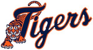Detroit Tigers script wordmark logo with tiger illustration in orange and blue on a transparent background.