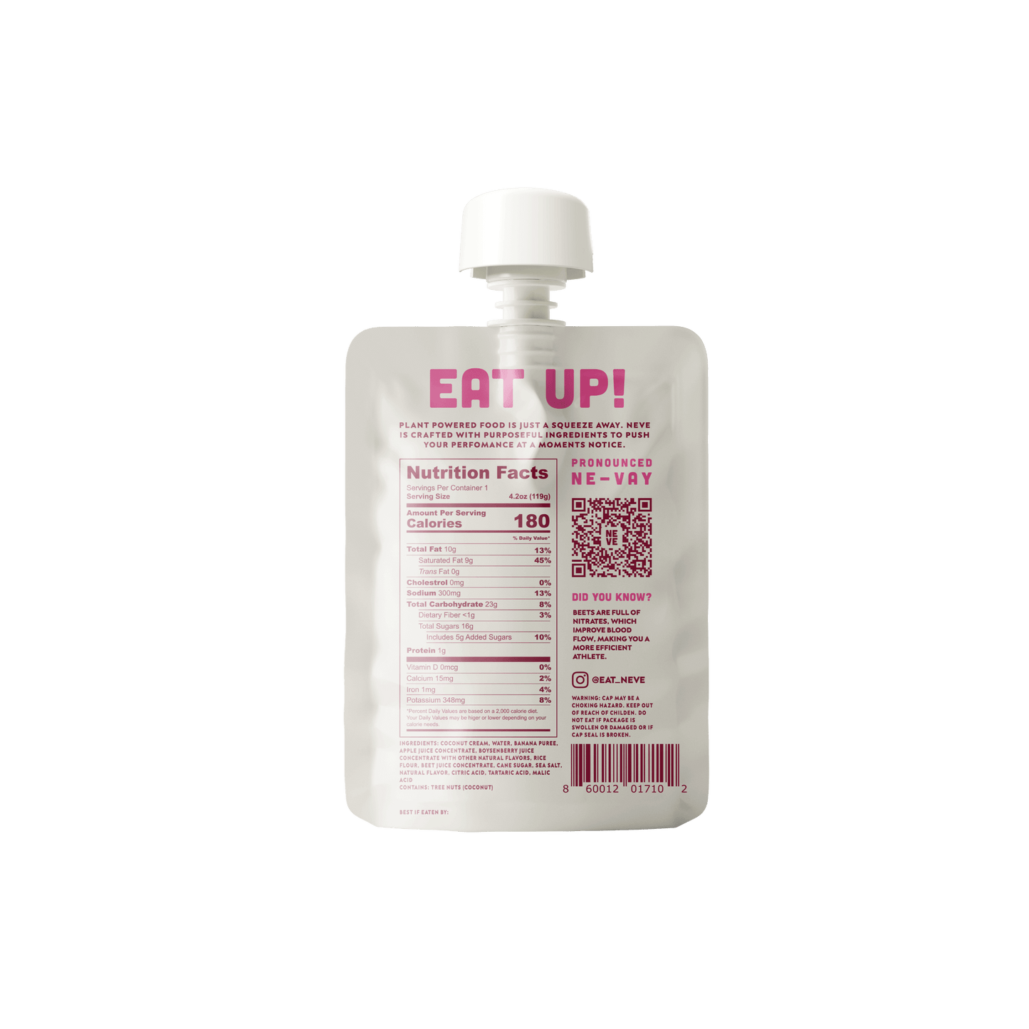 Back of Neve Boysenberry Beet plant-based energy smoothie pouch — nutrition facts and ingredients for athletes