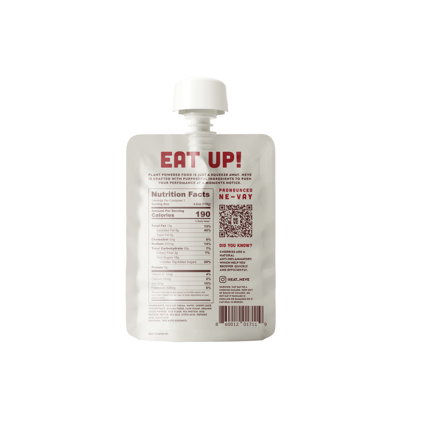 Back of Neve Tart Cherry Cacao plant-based recovery smoothie pouch — nutrition facts and ingredients for athletes
