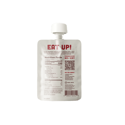 Back of Neve Tart Cherry Cacao plant-based recovery smoothie pouch — nutrition facts and ingredients for athletes