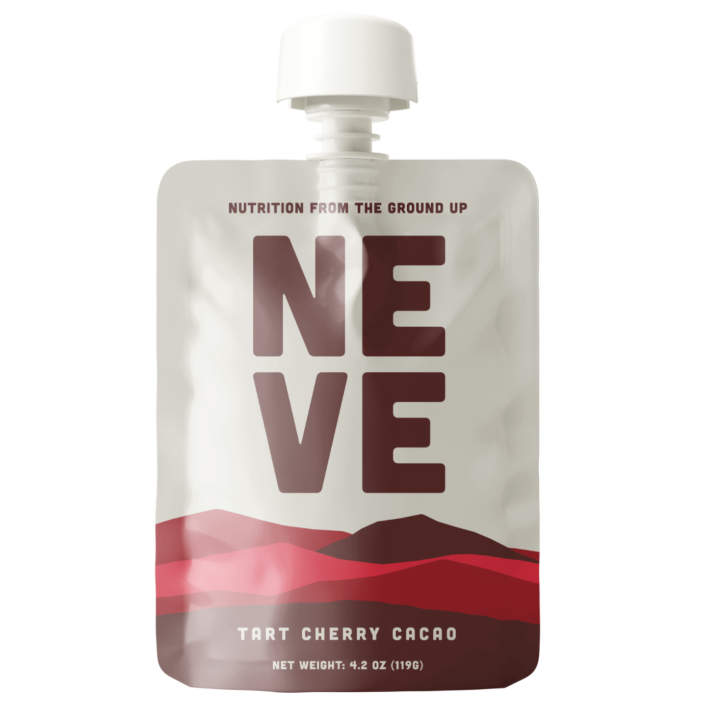 Neve Tart Cherry Cacao plant-based recovery smoothie pouch front — natural cherry and cacao nutrition for athletes