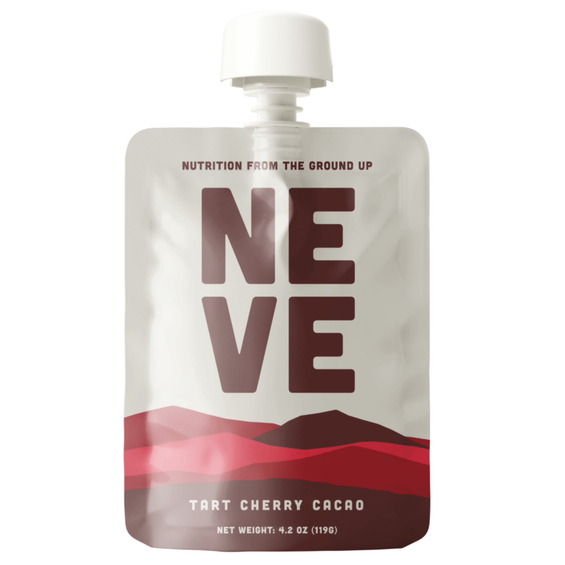Neve Tart Cherry Cacao plant-based recovery smoothie pouch front — natural cherry and cacao nutrition for athletes