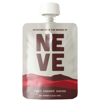 Neve Tart Cherry Cacao plant-based recovery smoothie pouch front — natural cherry and cacao nutrition for athletes