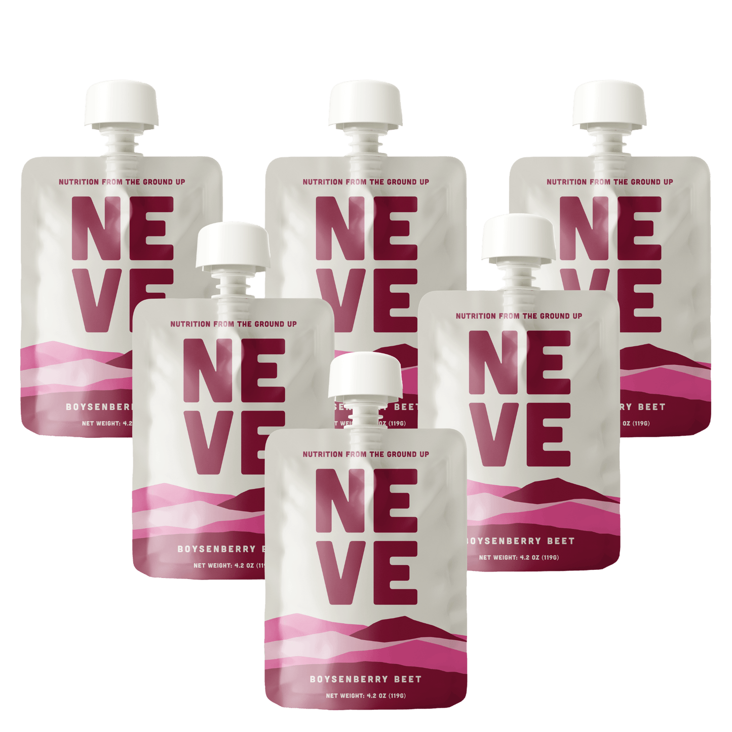 Six Neve Boysenberry Beet smoothie pouches arranged in a scattered pattern on a transparent background.