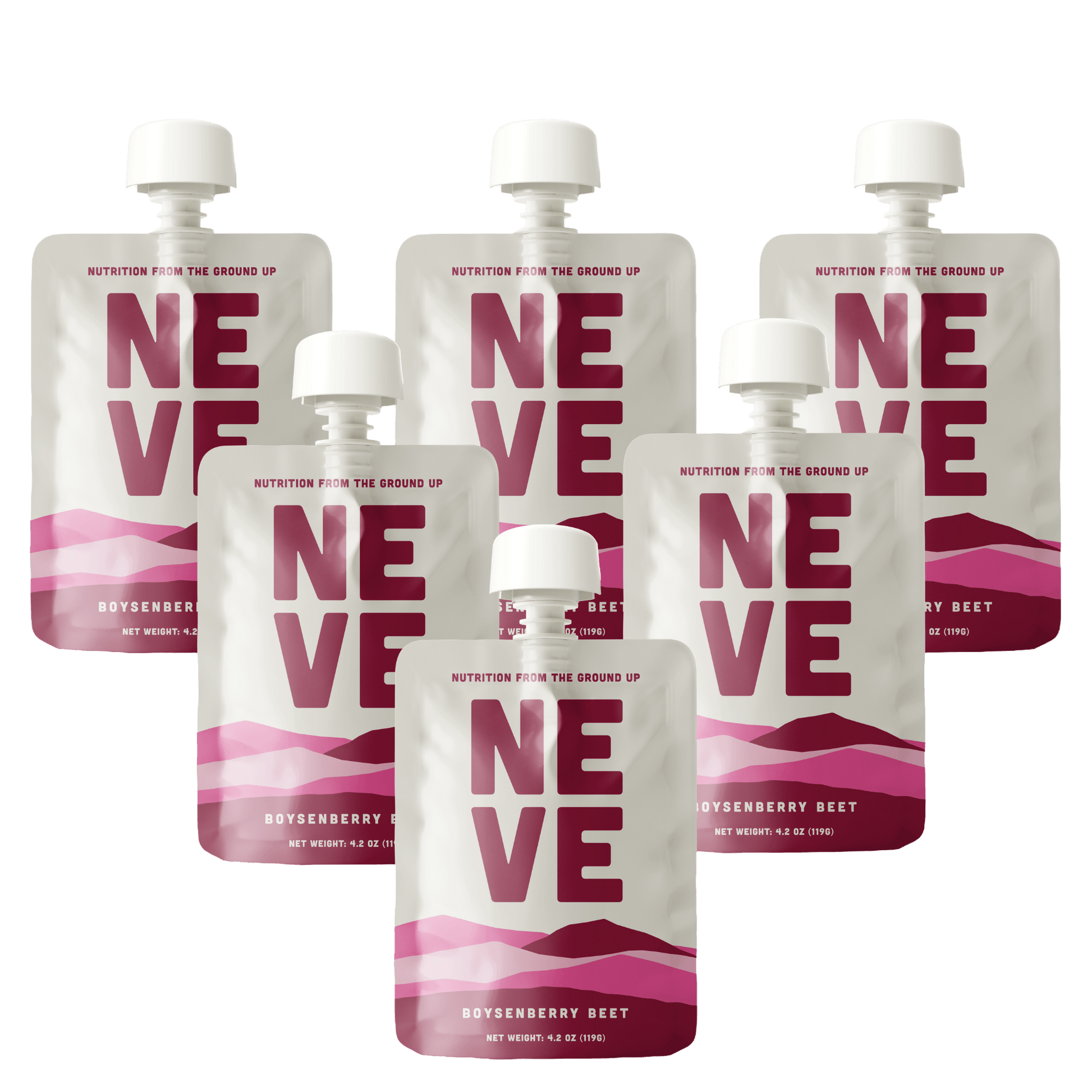 Six Neve Boysenberry Beet smoothie pouches arranged in a scattered pattern on a transparent background.