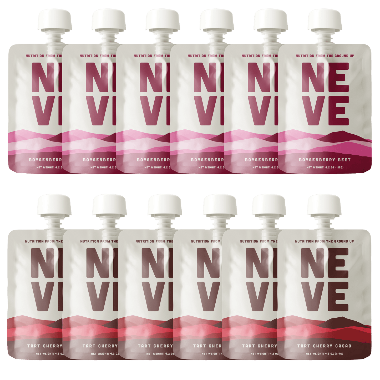 Bundle of six Neve Boysenberry Beet and six Tart Cherry Cacao smoothie pouches arranged in two rows on a transparent background.