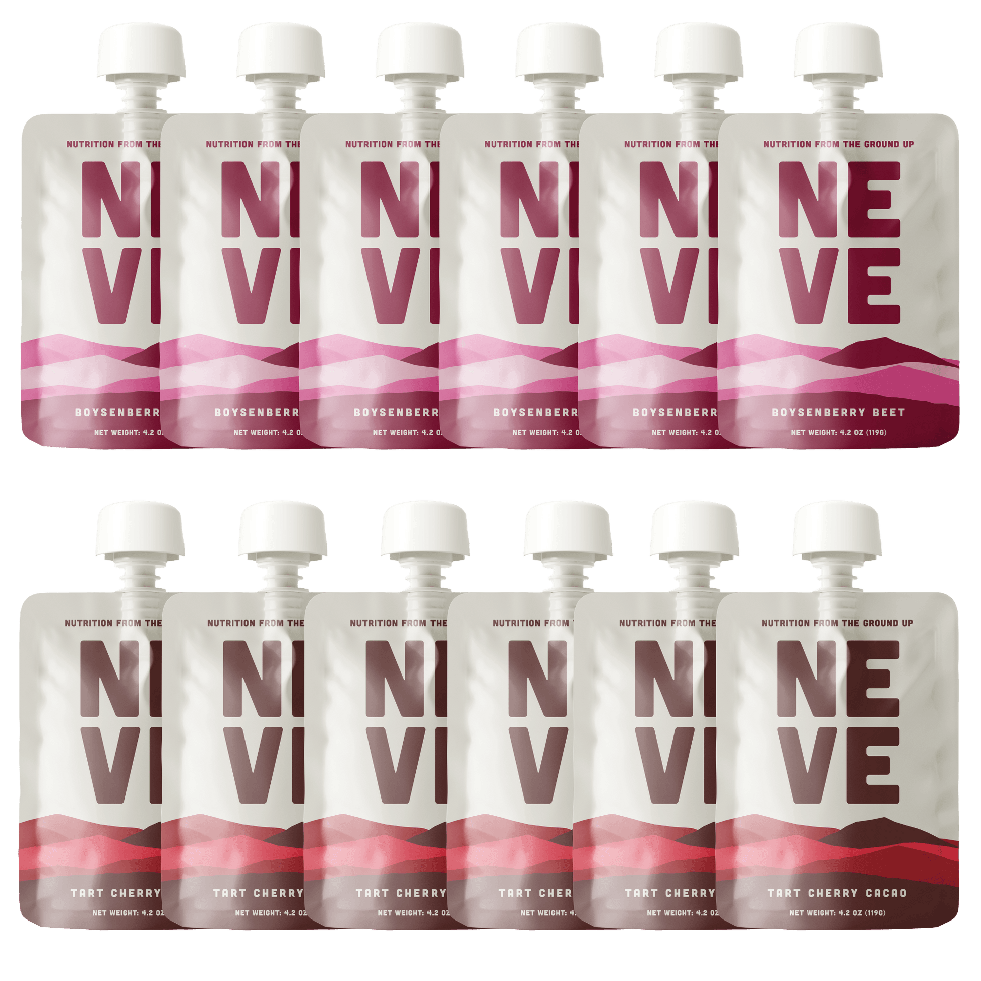 Bundle of six Neve Boysenberry Beet and six Tart Cherry Cacao smoothie pouches arranged in two rows on a transparent background.