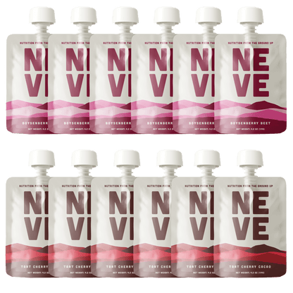 Bundle of six Neve Boysenberry Beet and six Tart Cherry Cacao smoothie pouches arranged in two rows on a transparent background.