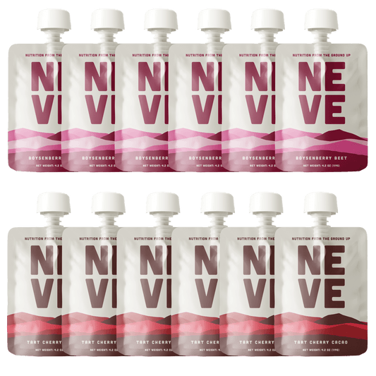 Bundle of six Neve Boysenberry Beet and six Tart Cherry Cacao smoothie pouches arranged in two rows on a transparent background.