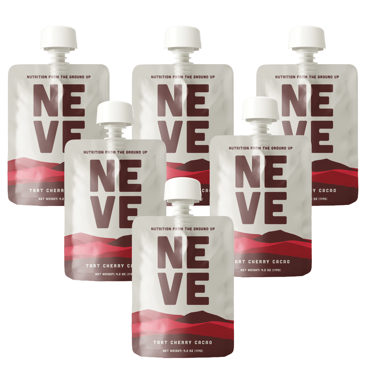 Six Neve Tart Cherry Cacao smoothie pouches arranged in a scattered pattern on a transparent background.