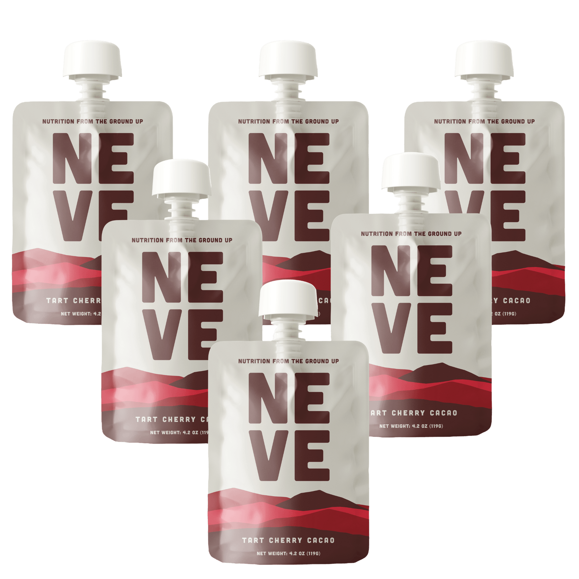 Six Neve Tart Cherry Cacao smoothie pouches arranged in a scattered pattern on a transparent background.